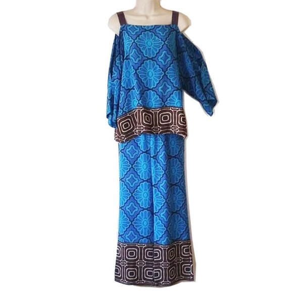 Trina Turk SET 100% Silk Medallion Print Top Pants M Cold Shoulder Wide Leg
